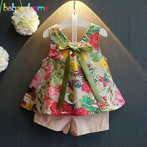 Babzapleume summer korean children clothing set flowers t-shirt+shorts baby girls fashion clothes for kids costume 2piece BC1455
