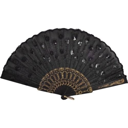 Black Plastic Frame Embroidery Floral Detail Folding Hand Fan