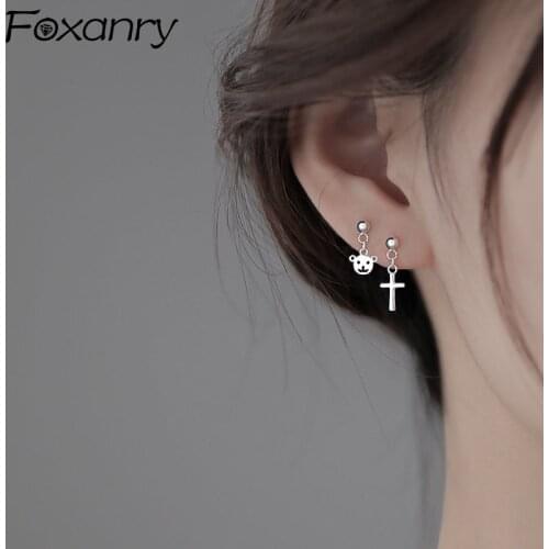 FOXANRY Prevent Allergy 925 Sterling Silver Stud Earrings Trendy Punk Hip Hop Vintage Couple Asymmetric Bear Cross Party Jewelry