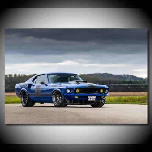 Canvas Painting Fords1969 Mustang Mach 1 Blue Metallic Car Posters Modern Wall Art Picture HD Prints for Living Room Decor