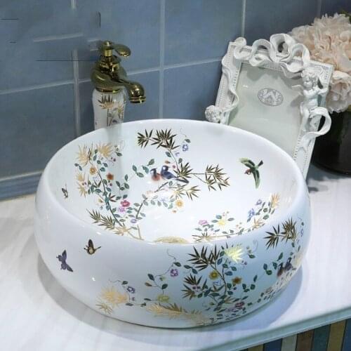 China Flowers And Birds Ceramic Painting Art Lavabo Bathroom Vessel Sinks Countertop ceramic wash basin bathroom sink