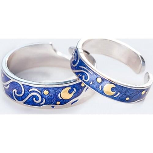 Silver Color Van Gogh Starry Sky Couple Ring Blue Starry Night Adjustable Lover Rings For Women Men Valentines Gift Jewelry