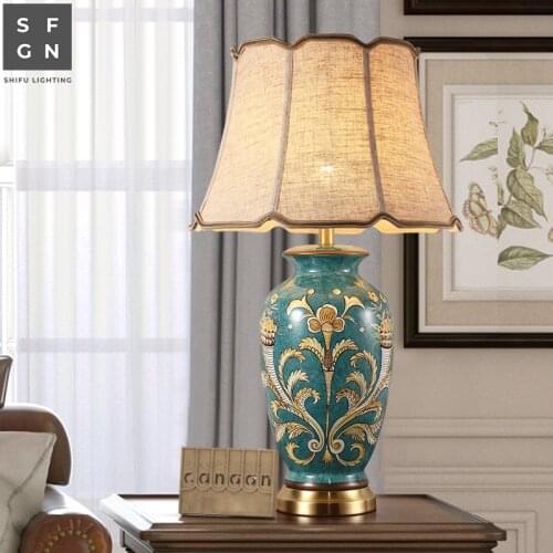 Copper Table Lamp American Style for Living Room Jingdezhen Ceramic Lamp Luxury Bedroom Bedside Decorated LED Lamp