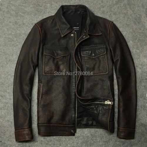 Genuine Leather Jackets Men Vintage Cowhide Cowskin Real Leather Over Coat Natural Animal Outer Wear