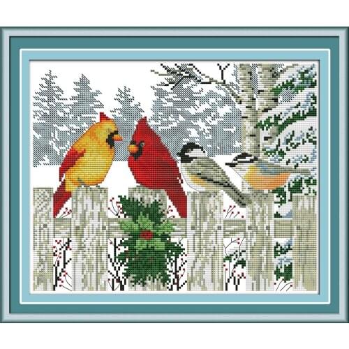 Birds on the fence in winter cross stitch kit animal18ct 14ct 11ct count print stitching embroidery DIY handmade needlework plus