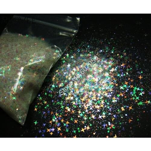 Mix Four Angle Star Iridescent White Glitter Powder Shape with Purple Gold Green Light for Nail Art Makeup Facepainting Craft