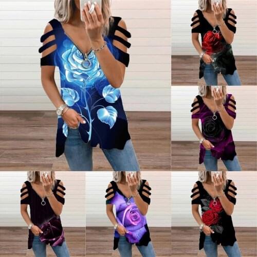 Zipper Hollow Out V-neck Women Clothes Lady Flowers Casual Top Pullover Short Sleeve Loose Sexy Tshirt Plus Size TeeShirt Femme
