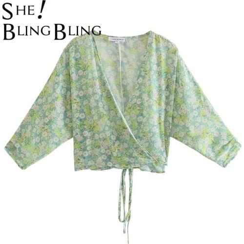 SheBlingBling Za Woman 2021 Summer Floral Print Woman Chiffon Shirts Three Quarter Sleeve Wrap Lace-Up Female Blouses Crop Tops