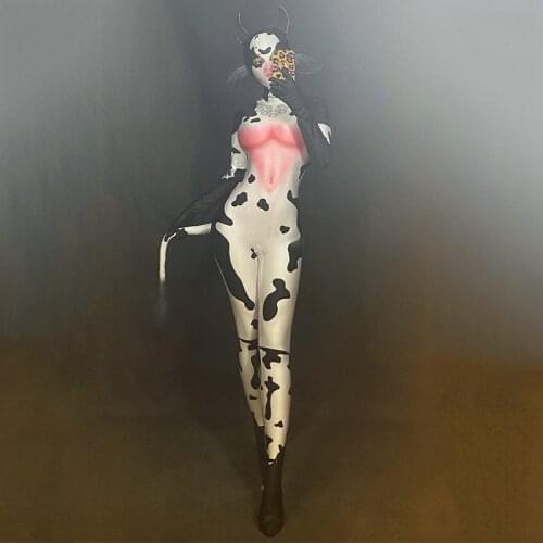 Cow Pattern White Jumpsuit Women Dancer Bar Show Rave Wear Animal Costumes Cosplay Leggings Wear Prom Celebrate Outfit DNV13076