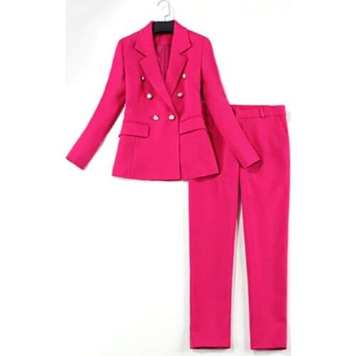 Fashion Suit two-piece fall New women rose red slim double-breasted professional suit jacket slim pants suit women Work clothes