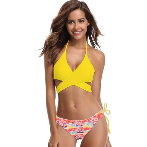 Sexy Low Waist Bikini Two Piece Halter Bandage Swimsuit Women Push Up Padded Swimwear Floral Printed Beachwear Female 2021Bikini