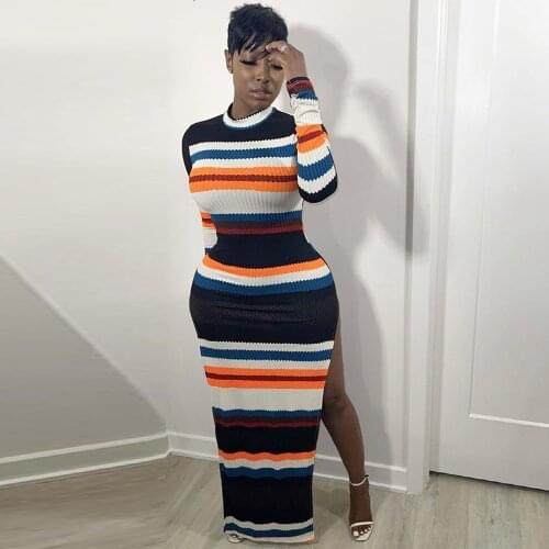 Elastic Hight Ribbed Striped Print Long Dress Women Round Neck Full Sleeve Party Club Dress Spring Autumn Side High Split Dress