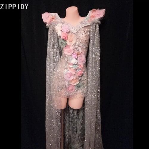 Silver Glitter Powder Stone Pearl Flower Transparent Dress Birthday Celebrate Outfit Women Dance Model Long Dress