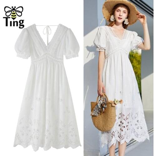 Tingfly Vintage Elegant Hollow Cut Out Embroidery Summer Vogue White Party Midi Long Dress Retro V Neck Casual Goblincore Robes