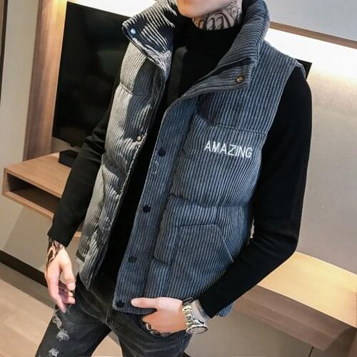 Men vests with pockets Jacket Corduroy waistcoat winter stand-up collar sleeveless jacket mens slim youth waistcoat thick