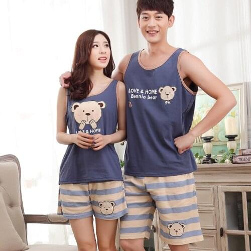 Women and Men Summer Couple Thin Vest Cotton Sleeveless Striped Shorts Cute Pajamas Sets Male Sleepwear