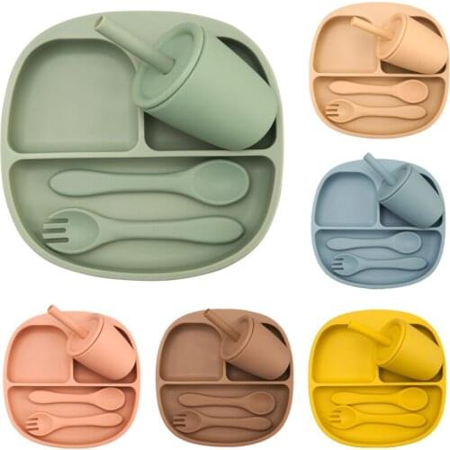 4Pcs/Set Baby Tableware Baby Things Free Folding Tableware Dishes Plates Non-Slip Feeding Food Tray Solid Colour Spork Straw Cup