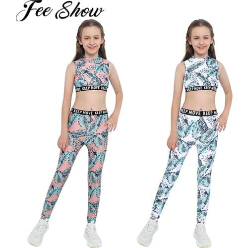 Kid Girl Ballet Dancewear Running Gym Yoga Sportsuit Tropical Print Stand Collar Sleeveless Tank Top Elastic Waistband Pants Set