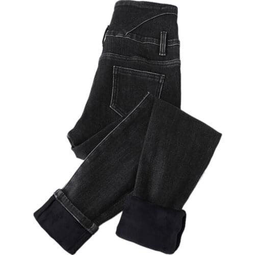 2020 Winter Jeans Women Black Fleeces Inside Thickening Denim Pants High Waist Warm Trousers
