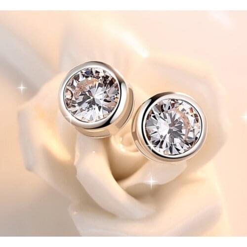 Classic Female White Crystal Small Earrings 925 Sterling Silver Wedding Earrings For Women Luxury Round Zircon Stud Earrings