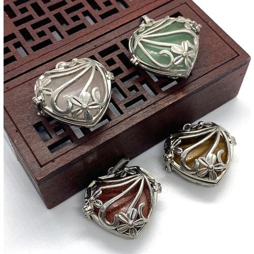 1pc Natural Stone Pendant Heart-shaped Tigers Eye Stone Gold Sand Stone Copper Material Hollow Heart-shaped Shell Can Be Opened