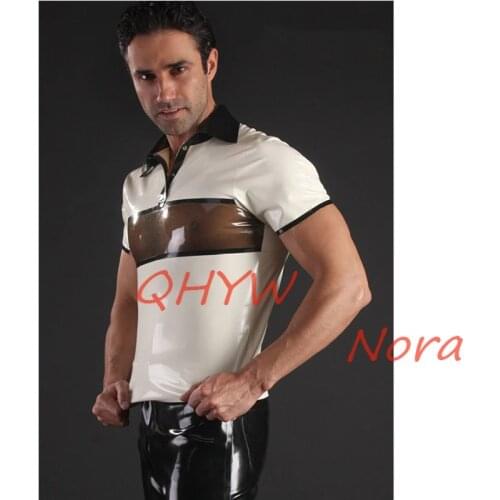 Handmade Men White with Black Latex T-shirt Fashion Rubber Tops
