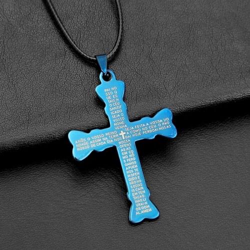 Trendy Spanish Lords Prayer Men Titanium Steel Bible Cross Necklace Women Stainless Cross Pendants Rope Chain Jewelry Gift