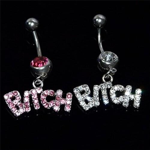 White/Pink Steel Rhinone Sexy BITCH Letter Dangle Navel Belly Button Ring Body Piercing