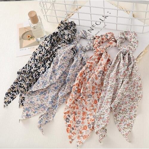 Korean Bow Long Ribbon Hair Scrunchie Chiffon Floral Print Sweet Elastic Hair Band Ponytail Hair Scarf Hair Tie Hair Accessories