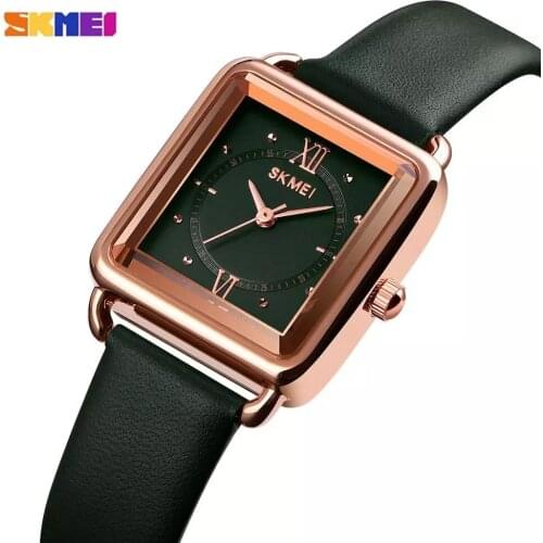 SKMEI 1702 Simple Green 3D Glass Small Ladies Quartz Watches Genuine Leather Waterproof Analog Wristwatch Femme Relogio Feminino