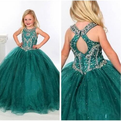 Dark Green Ball Gowns Beaded Crystals Flower Girls Dresses Scoop Neckline Long Floor Length Kids Formal Pageant Gowns 2019