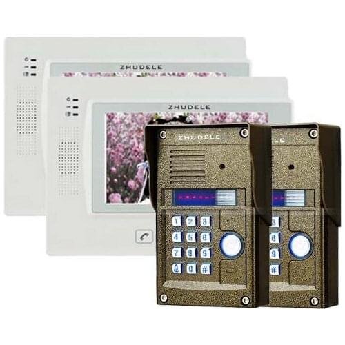 ZHUDELE 7"Touch Key LCD Video Door Phone Video Intercom IR Camera Password/ID Card Unlock, Support IP Camera 2Cameras+2Monitor