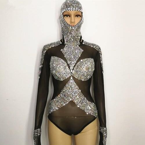 Bright Crystals Sexy Dancer Bodysuit Diamond performance Leotard Female costumes DJ show Singer Dance Nightclub star stage Wears