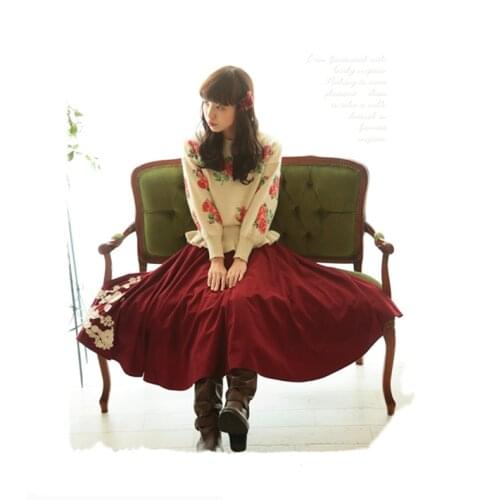 Forest Women Big Swing Spring Skirt Mori Girl Princess Embroidery Skirt Pleated Novelty Elastic Waist Cute Lolita Skirts Saia