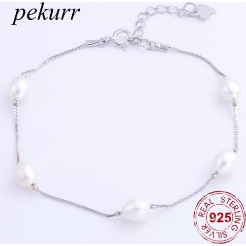 Pekurr 100% 925 Sterling Silver 6-7mm Oval Natural Freshwater Pearl Bracelet For Women Fashion Jewelry 5 Beads Box Chain