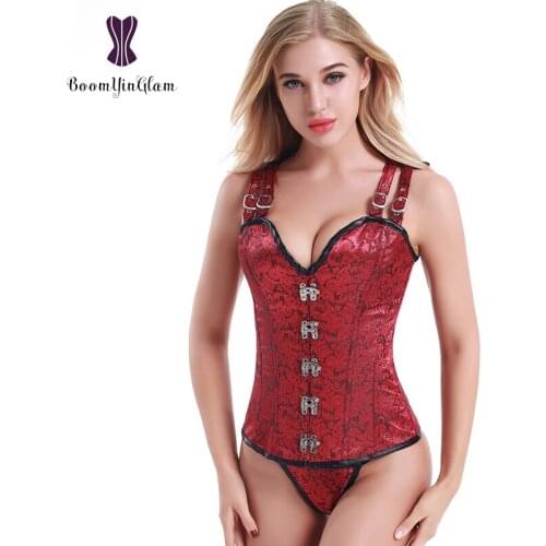 Adjustable Straps Womens Gothic Steampunk Brocade Steel Boned Waist Cincher Corset Vest With Claps Red Black 811