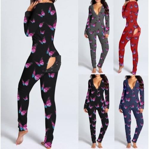 Women Adults Playsuit Pajamas Butterfly Print Button Front Functional Buttoned Flap Adults Jumpsuit
