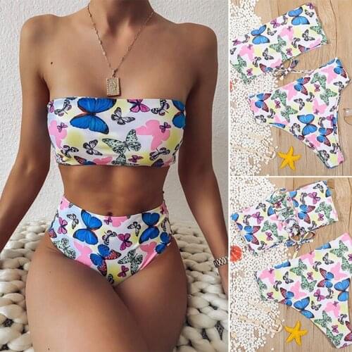 Womens Butterfly Print Tube Top High Waist Bikini Lace Strap Split Swimsuit White