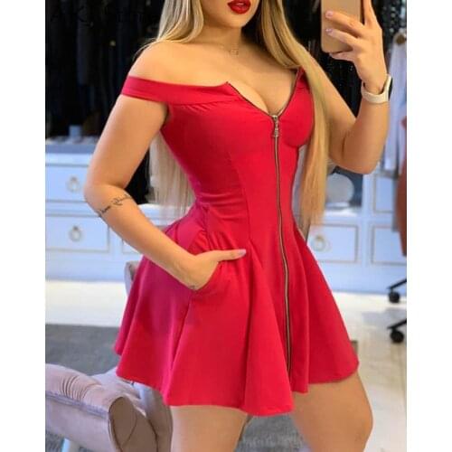 Women Sexy Red Off Shoulder Zipper Pocket Design Party Mini Dress