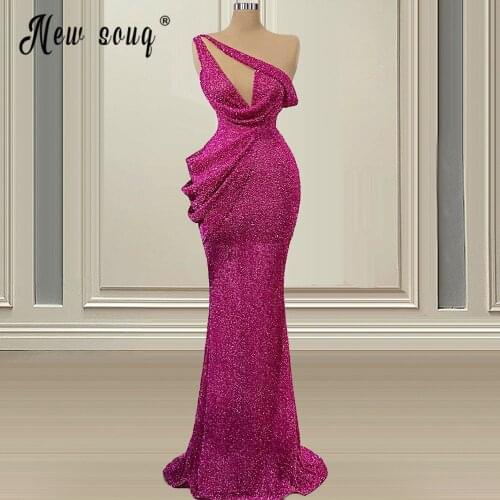 Pink Mermaid Evening Dress 2021 Beaded Sequined One Shoulder Celebrity Dresses Ruffles vestido de festa real photos Custom Size