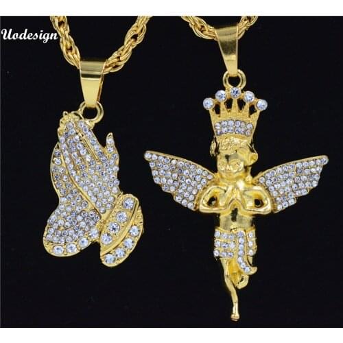 2PCS/lot Iced Out Hiphop Prayer hand Angel Necklace&Pendant Hip Hop Gold Colors Long Chain Necklace for Men Women Bling Jewelry