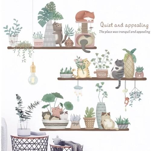 Large Cartoon Animal Wall Sticker Cute Cat Flowerpot Plant Baby Children Room Creative Nursery Decals Adhesive Home Decor mural
