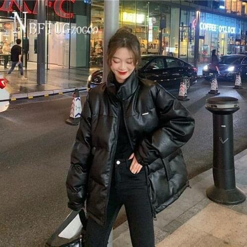 Black Pu Leather Stand Collar Women Windproof Parkas Korean Hipster Female Coat