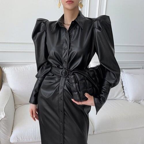 ZCSMLL black vintage dresses Korean lapel single-breasted belt waist split puff sleeve PU leather motorcycle dress women