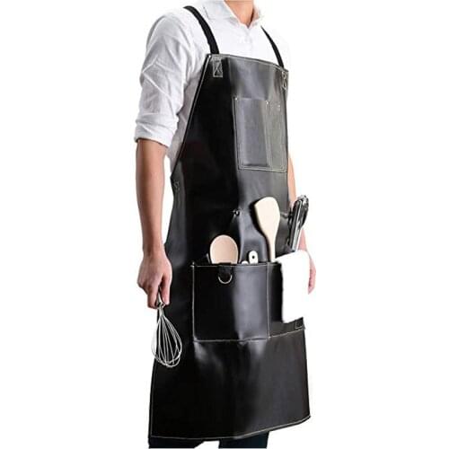 Black Tough Guy Modern Simplicity Solid Color Sleeveless Apron PU Cross Apron Kitchen Cafe Work Clothes Gardening Apron