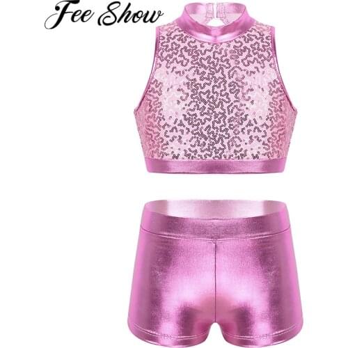 Kids Girls Two-Piece Dancewear Sequins Metallic Crop Tops with Ballet Gymnastics Shorts Set Children Stage Performance Costume