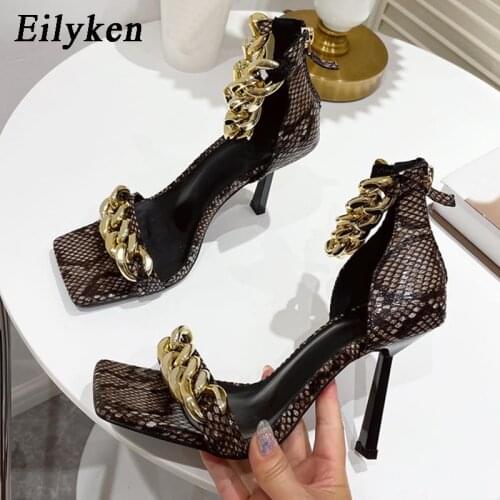 Eilyken Sexy Snake Print Pu Leather Square Toe Gladiator Sandals Women Fashion Metal Chain Designer Slides Shoes Stiletto Heel