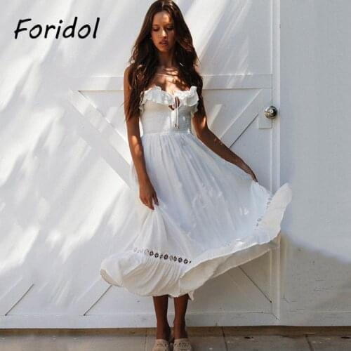 Foridol Lace Up White Midi Dress Long Spring Summer Women Beach Dress Elegant Off The Shoulder Maxi Dress Vestidos De Mujer