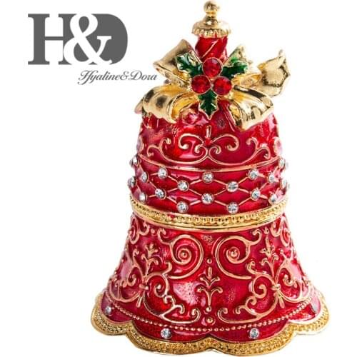 H&D Enameled and Bejeweled Jingle Bell Hand Painted Trinket Boxes Hinged Jewelry Ring Holder Xmas Gift Christmas Decor for Home