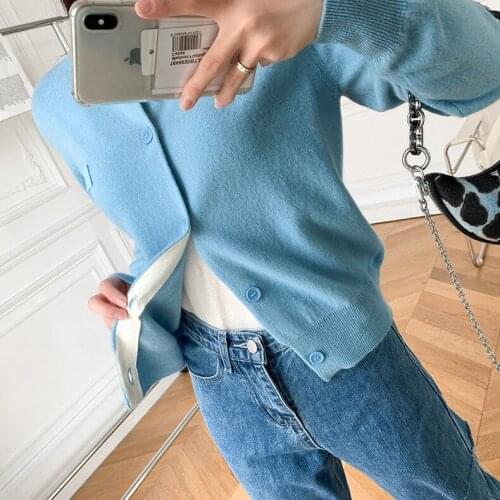 2021 Autumn Women Casual Knit Cardigan O-Neck Square Smiley Printed Long Sleeve Single Breasted Ladies Solid Color Outwear Top